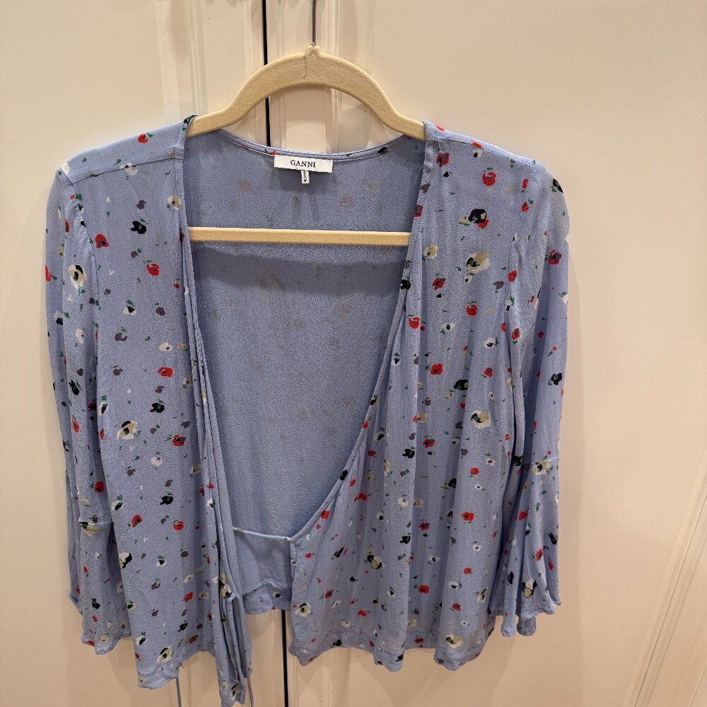 Ganni light blue floral print blouse